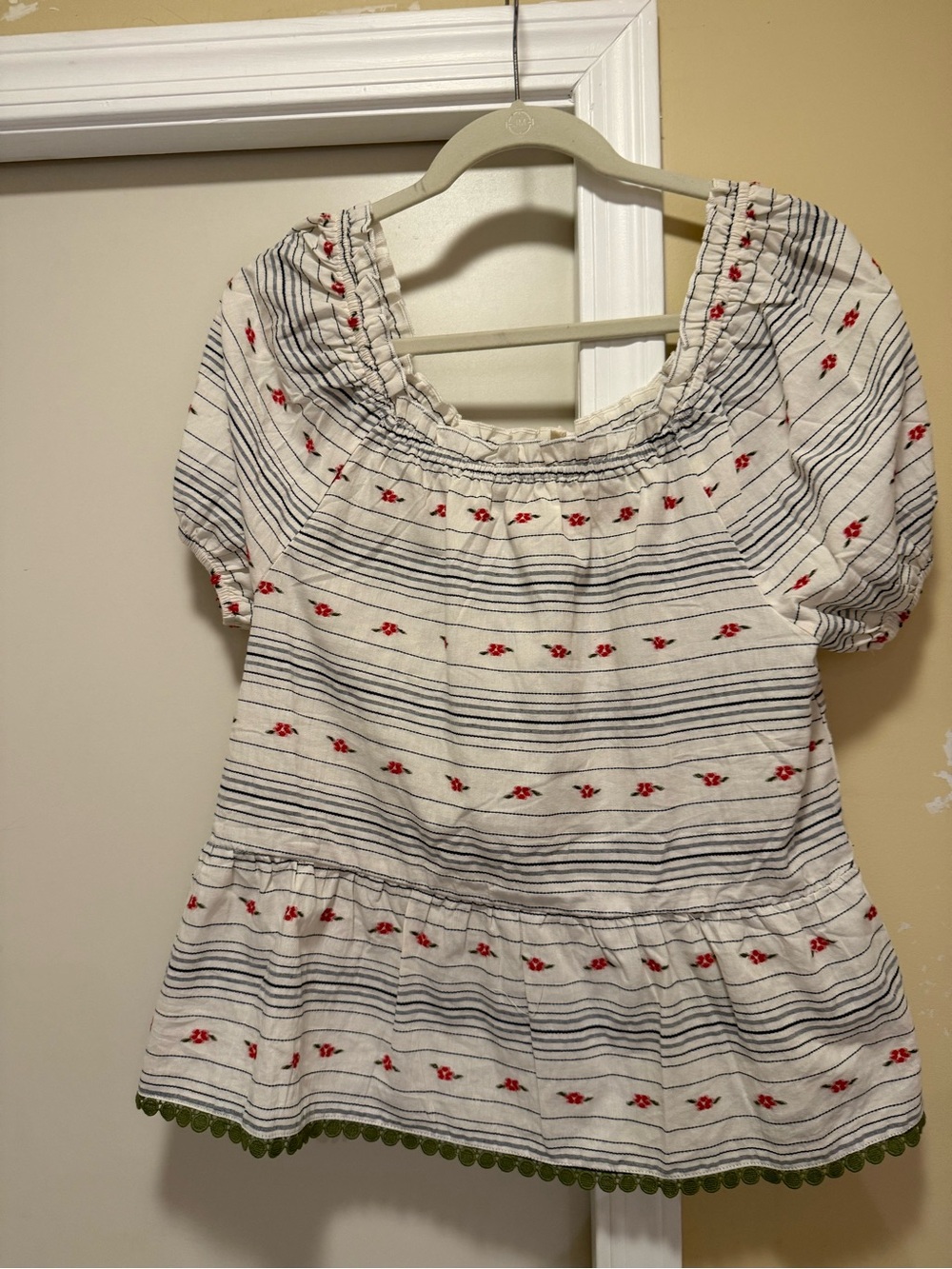 Three Bird Nest Cream Striped Peasant Top with Red Floral Embroidery